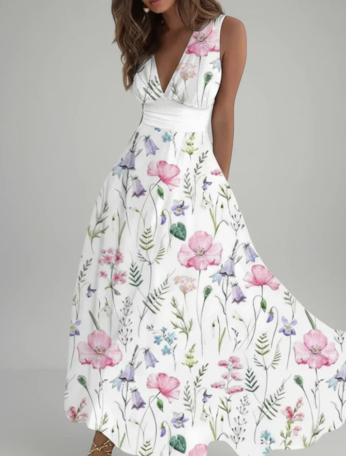 Women's Floral A-Line Midi Dress V-Neck