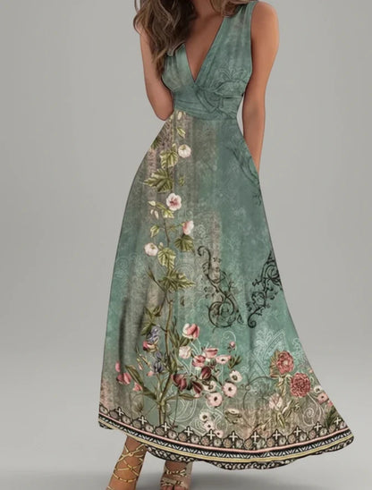 Women's Floral A-Line Midi Dress V-Neck - VibreMode