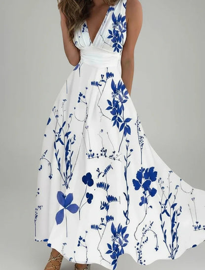 Women's Floral A-Line Midi Dress V-Neck
