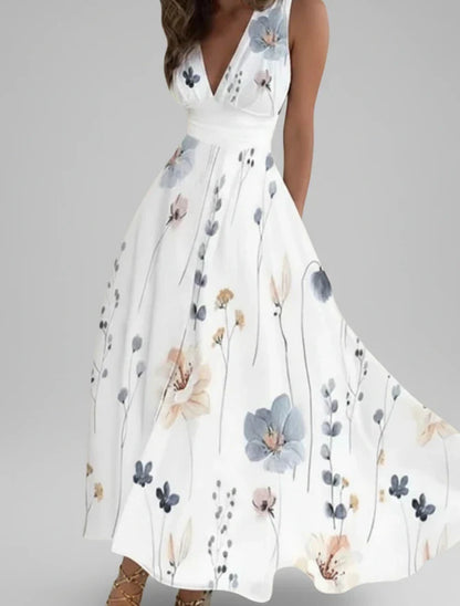Women's Floral A-Line Midi Dress V-Neck