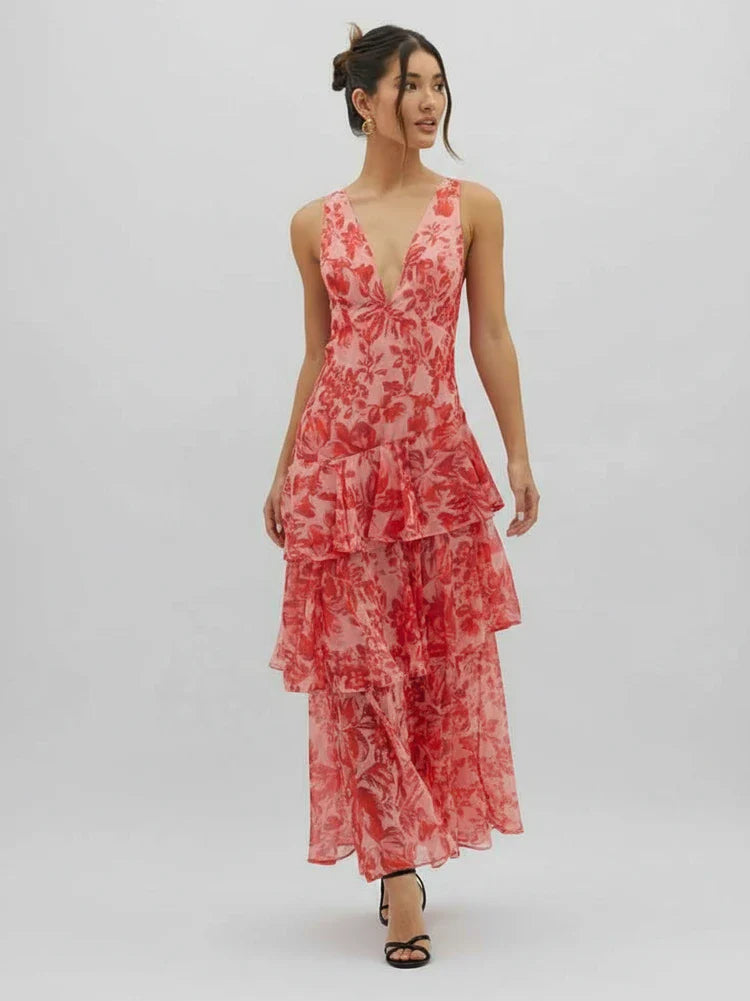 Women's Floral V-Neck Maxi Dress - VibreMode