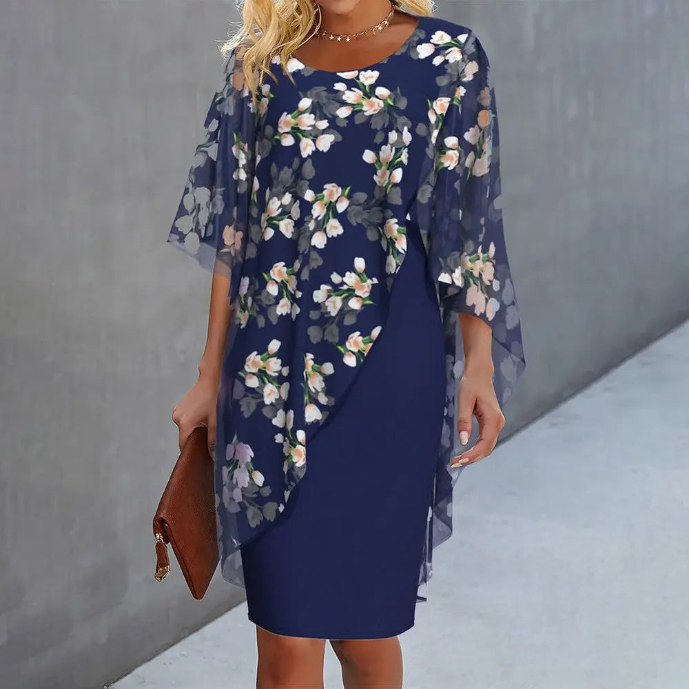 Women's Floral Overlay Dress Elegant Wedding Guest - VibreMode