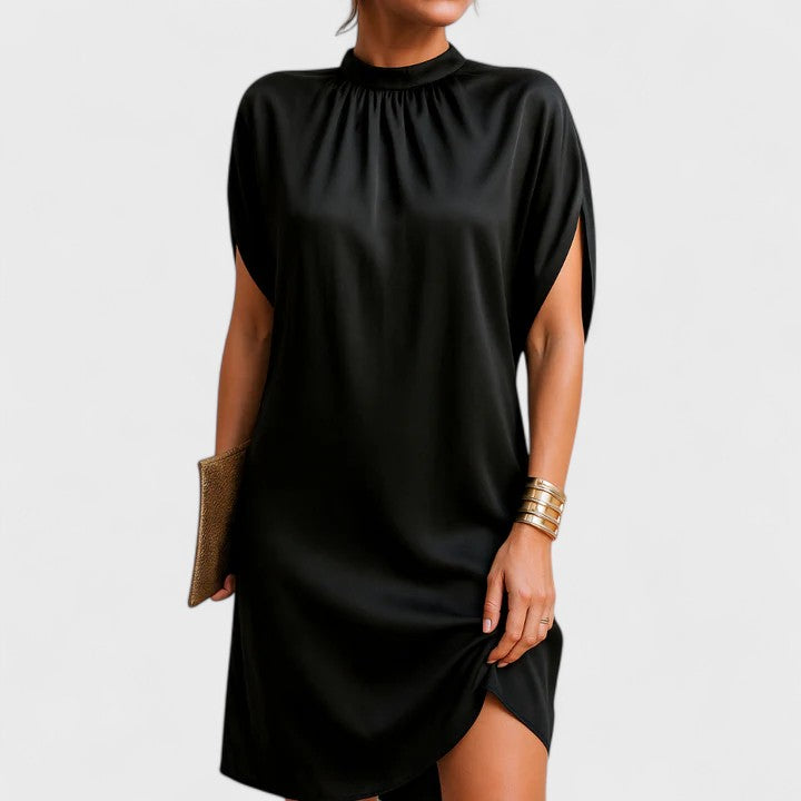 Women's Mock Neck Mini Dress Split Sleeve Black - VibreMode