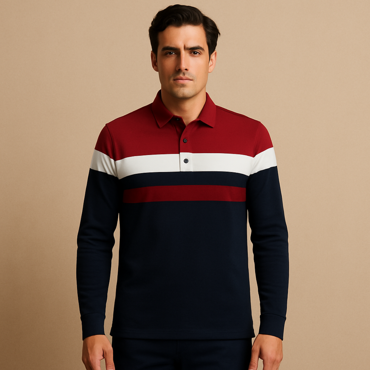 Men's Striped Long Sleeve Polo Shirt
