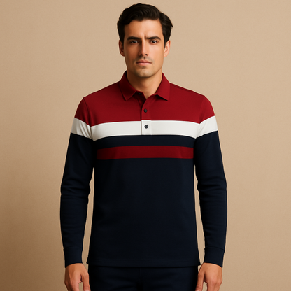 Men's Striped Long Sleeve Polo Shirt
