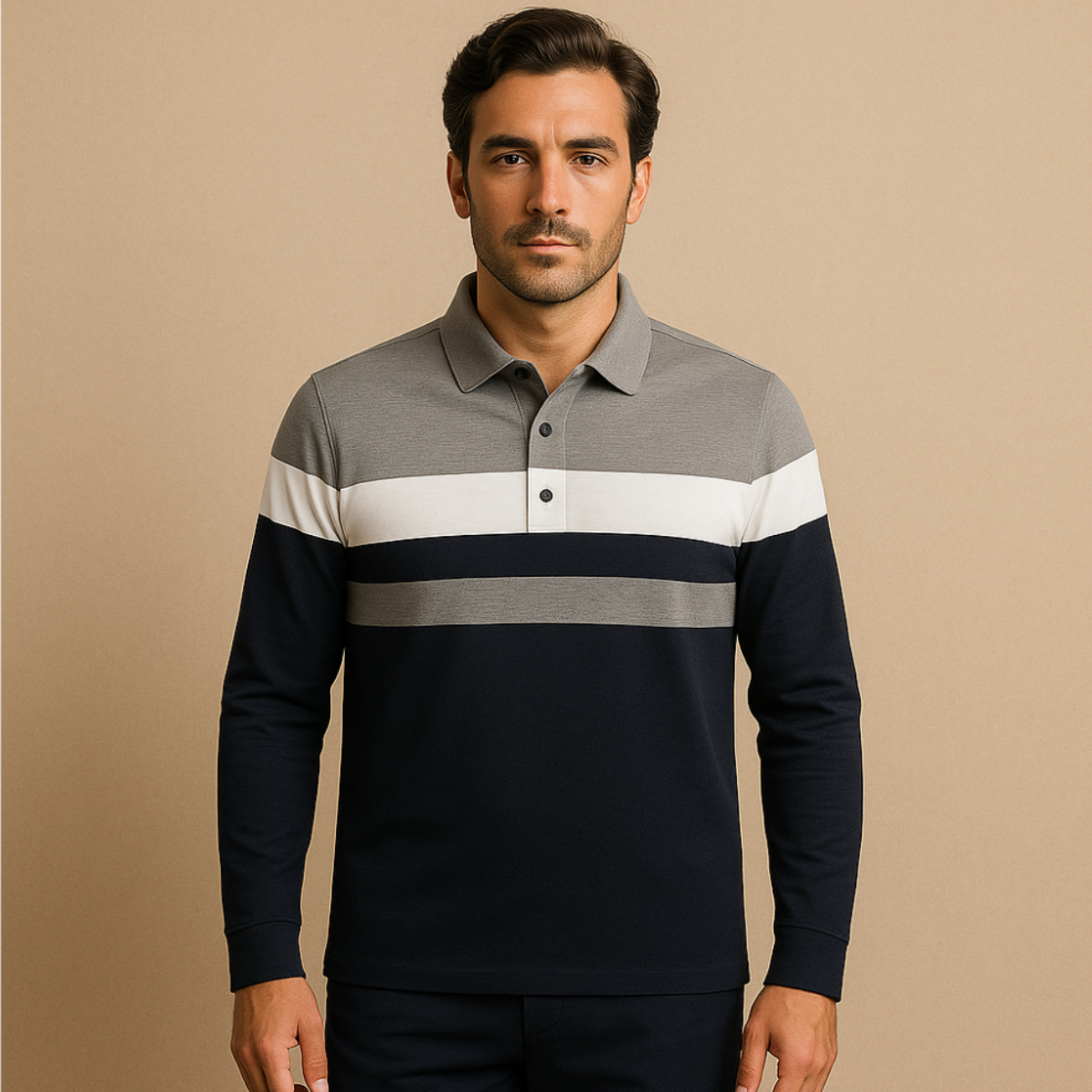 Men's Striped Long Sleeve Polo Shirt