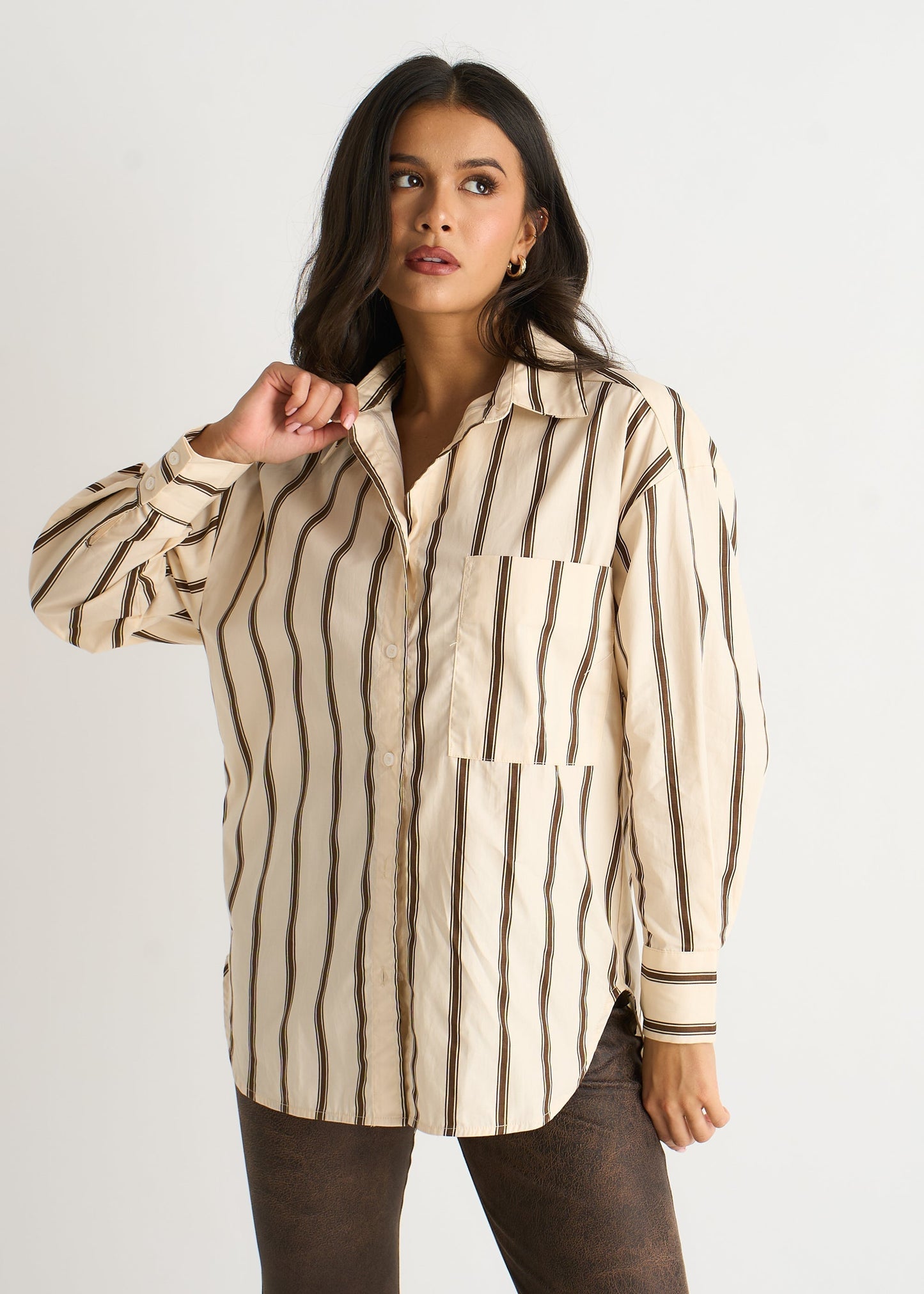 Women's Striped Button-Up Shirt Cream - VibreMode