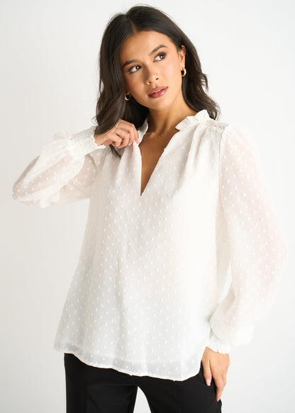 Women's White Dobby Blouse Ruffle Collar Long Sleeves