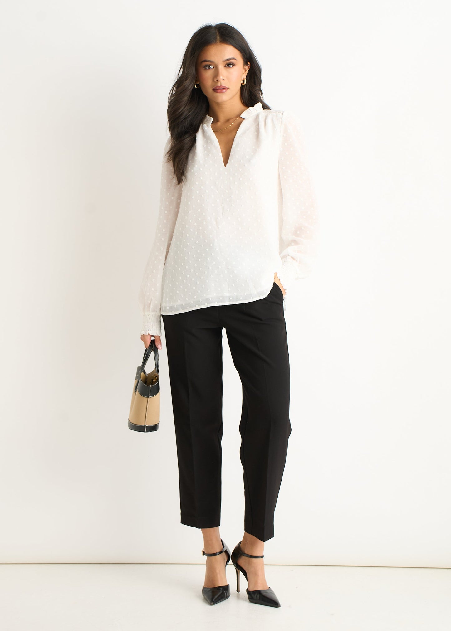Women's White Dobby Blouse Ruffle Collar Long Sleeves