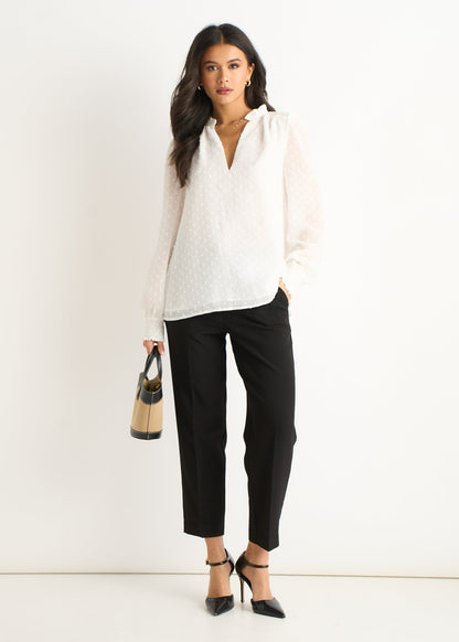 Women's White Dobby Blouse Ruffle Collar Long Sleeves