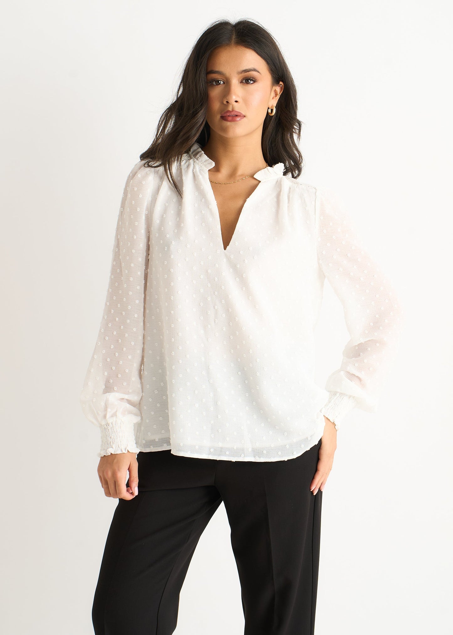 Women's White Dobby Blouse Ruffle Collar Long Sleeves - VibreMode