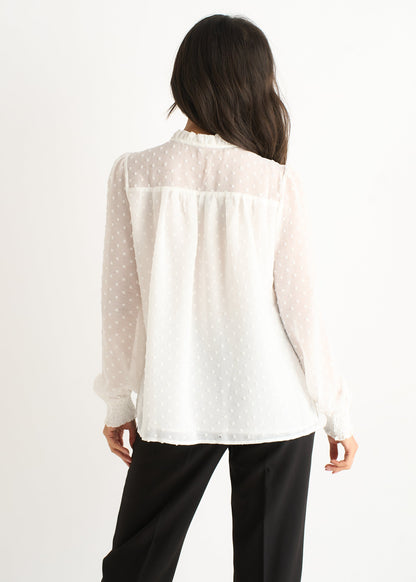 Women's White Dobby Blouse Ruffle Collar Long Sleeves