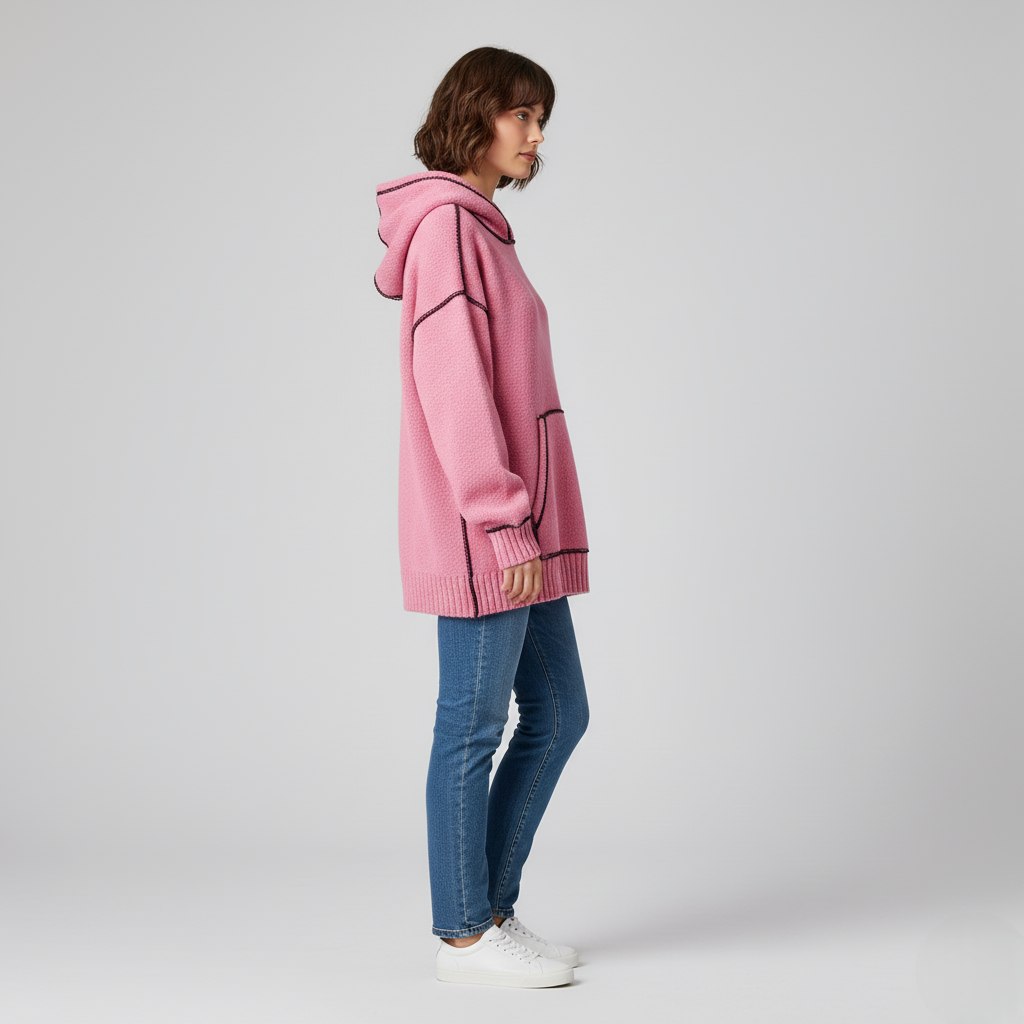 Women's Pink Knit Hoodie Contrast Stitching