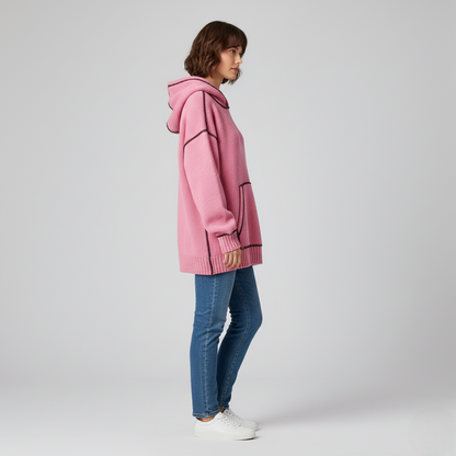 Women's Pink Knit Hoodie Contrast Stitching