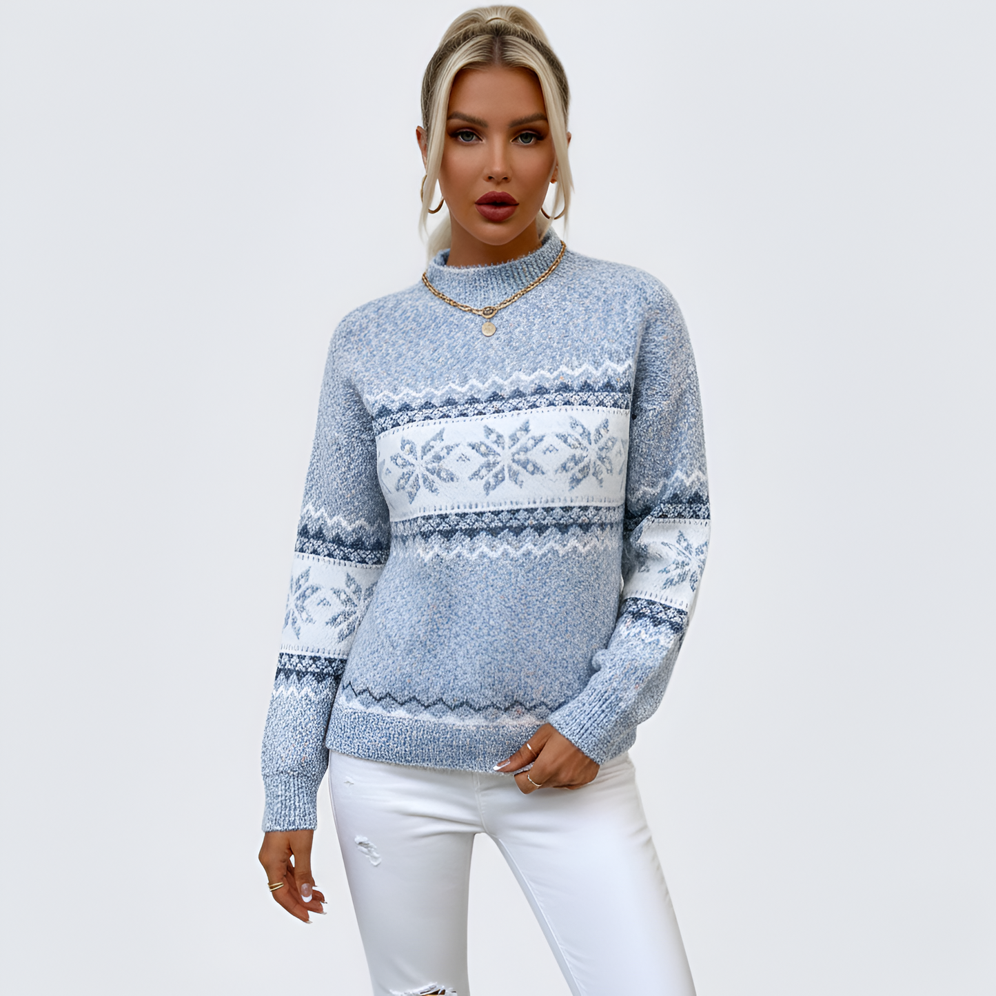Women's Mock Neck Sweater Fair Isle Knit Long Sleeve Winter