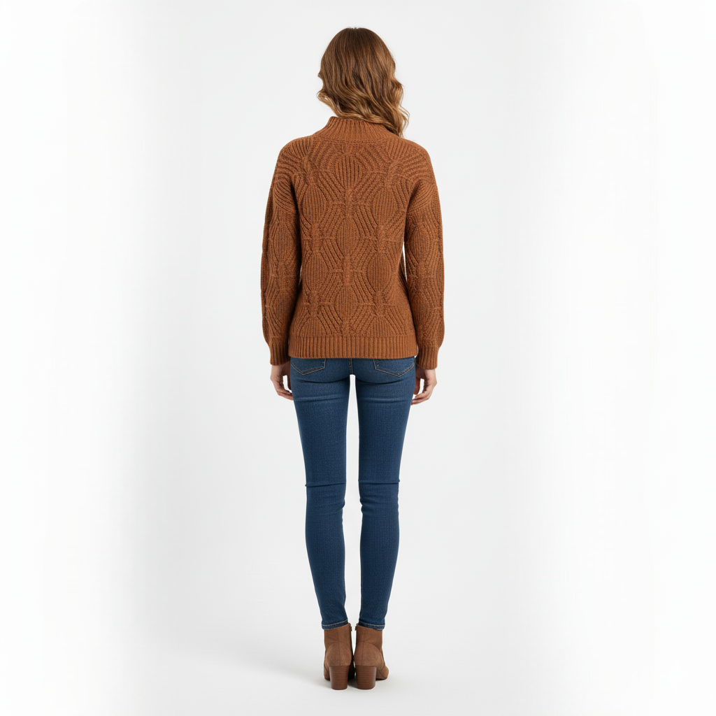Women's Mock Neck Sweater Chestnut Brown Textured