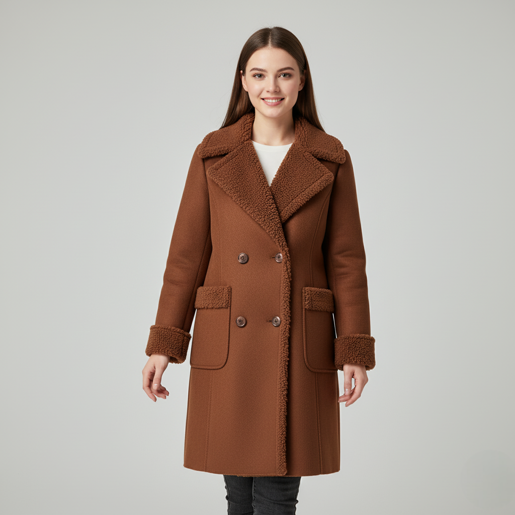 Women's Winter Coat Brown Sherpa Lining - VibreMode