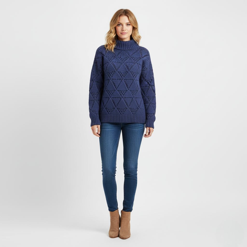 Women's Mock Neck Sweater Blue Chunky Knit Diamond Texture - VibreMode