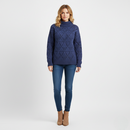 Women's Mock Neck Sweater Blue Chunky Knit Diamond Texture - VibreMode