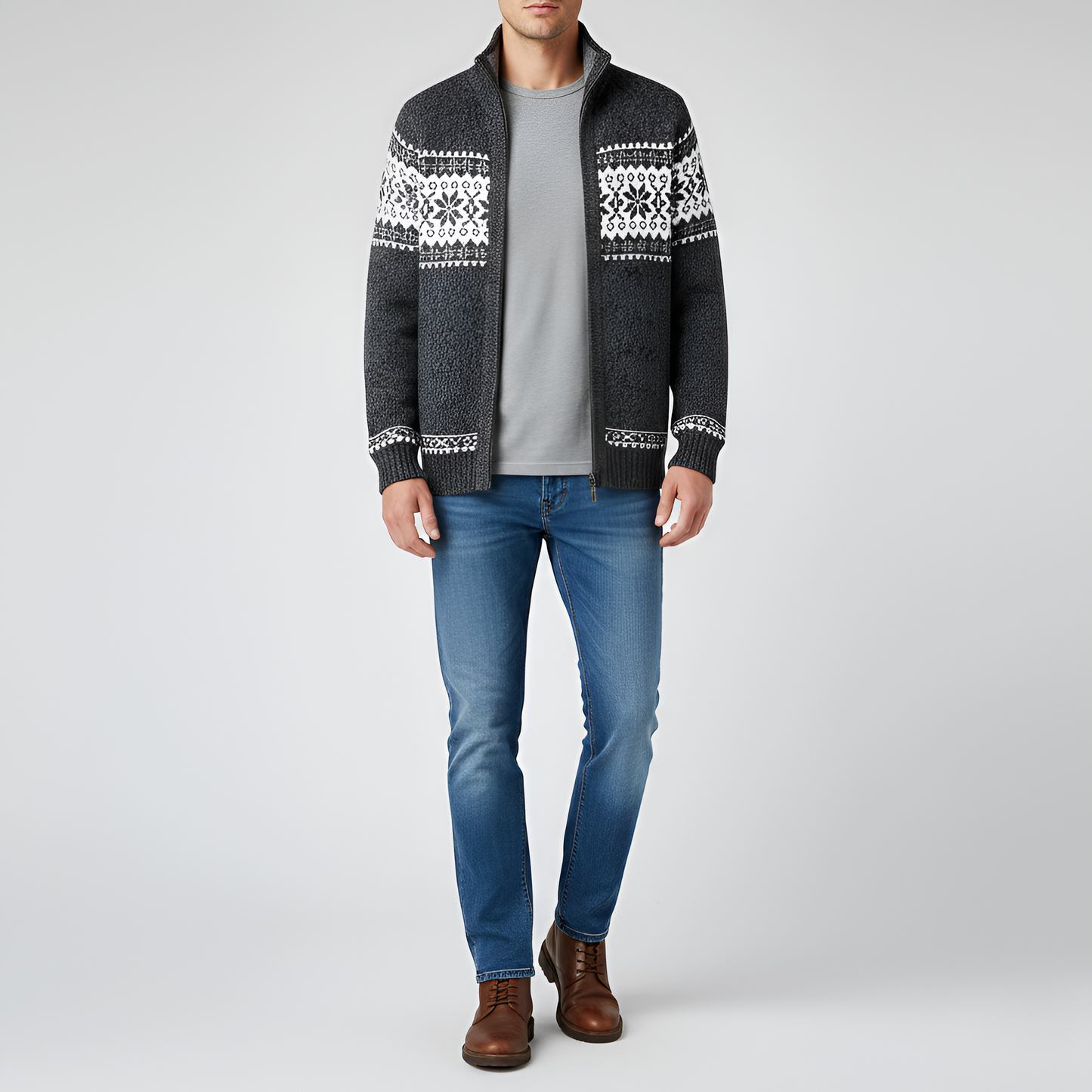 Men's Wool Cardigan Nordic Pattern Zip Front