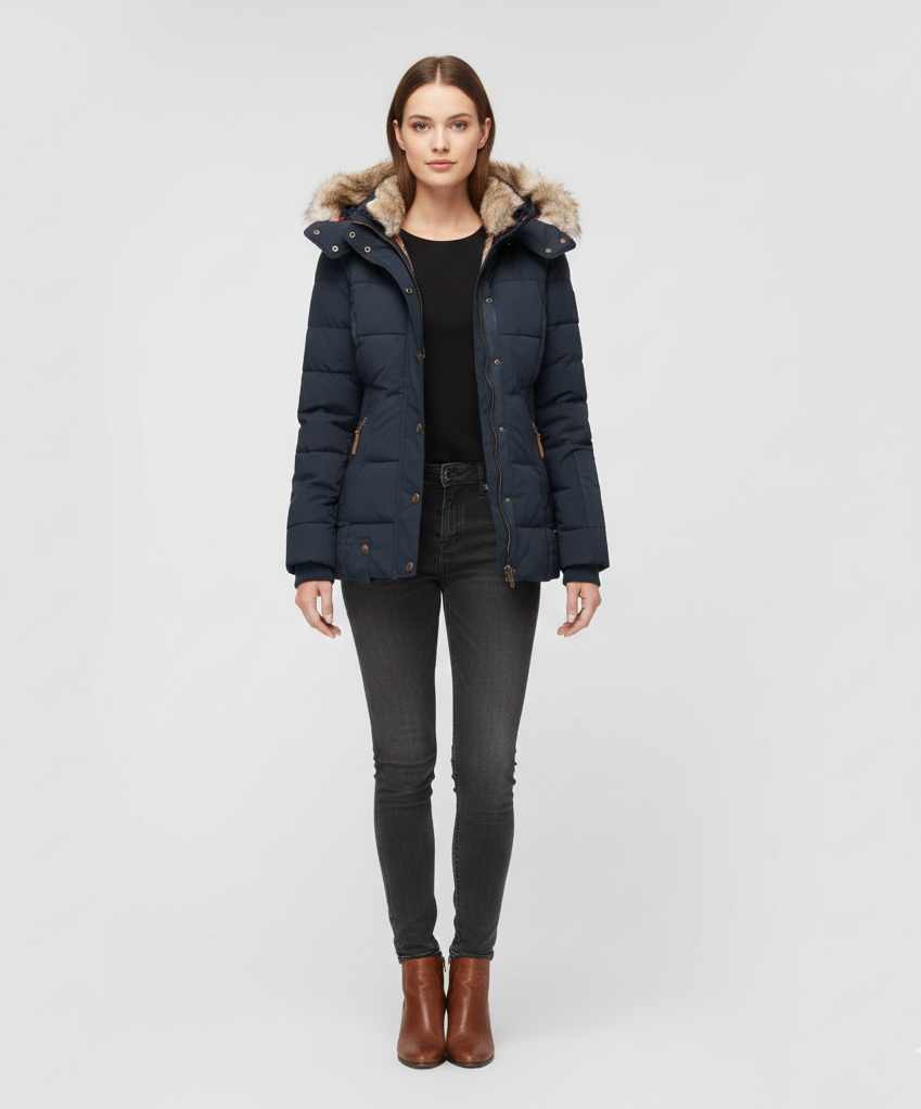 Women's Insulated Quilted Coat Hooded Faux Fur Trim Black