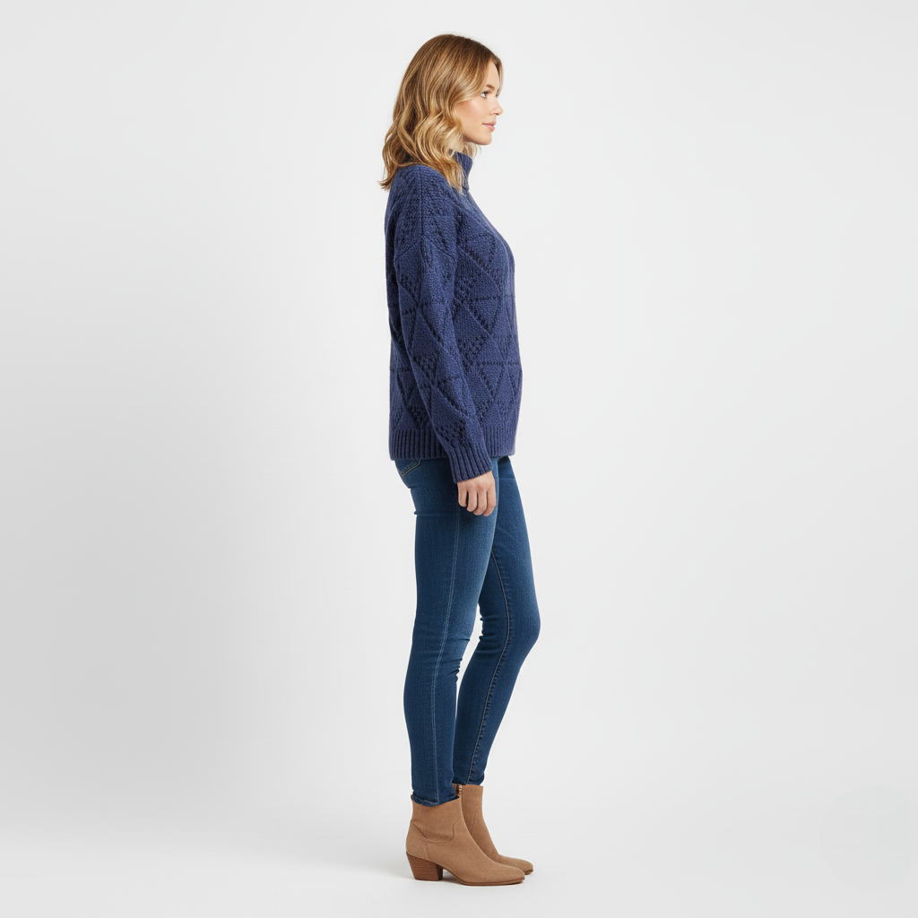 Women's Mock Neck Sweater Blue Chunky Knit Diamond Texture