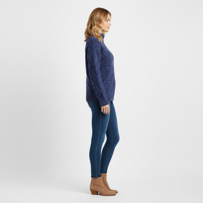 Women's Mock Neck Sweater Blue Chunky Knit Diamond Texture