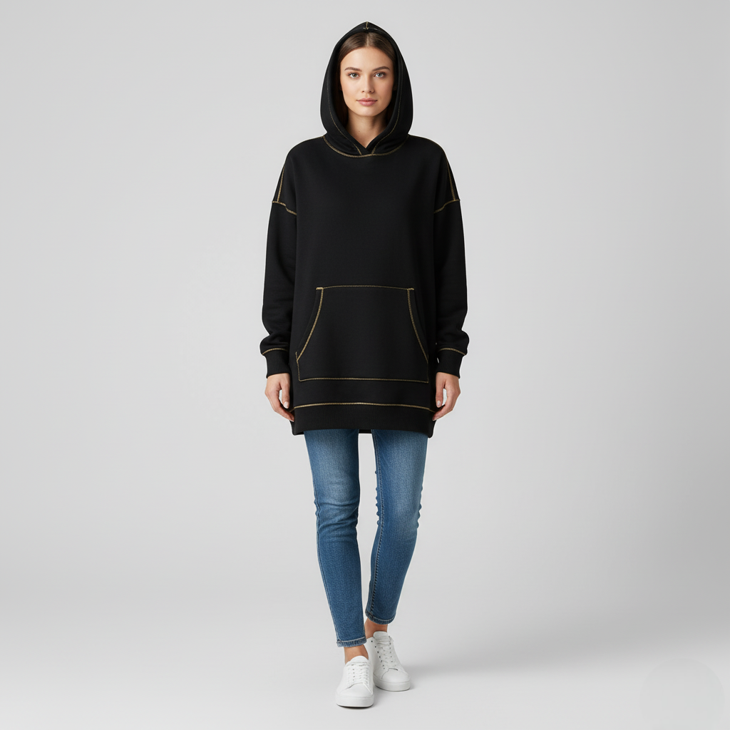 Women's Oversized Hoodie Black Cotton Contrast Stitching - VibreMode