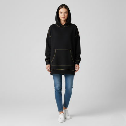 Women's Oversized Hoodie Black Cotton Contrast Stitching - VibreMode