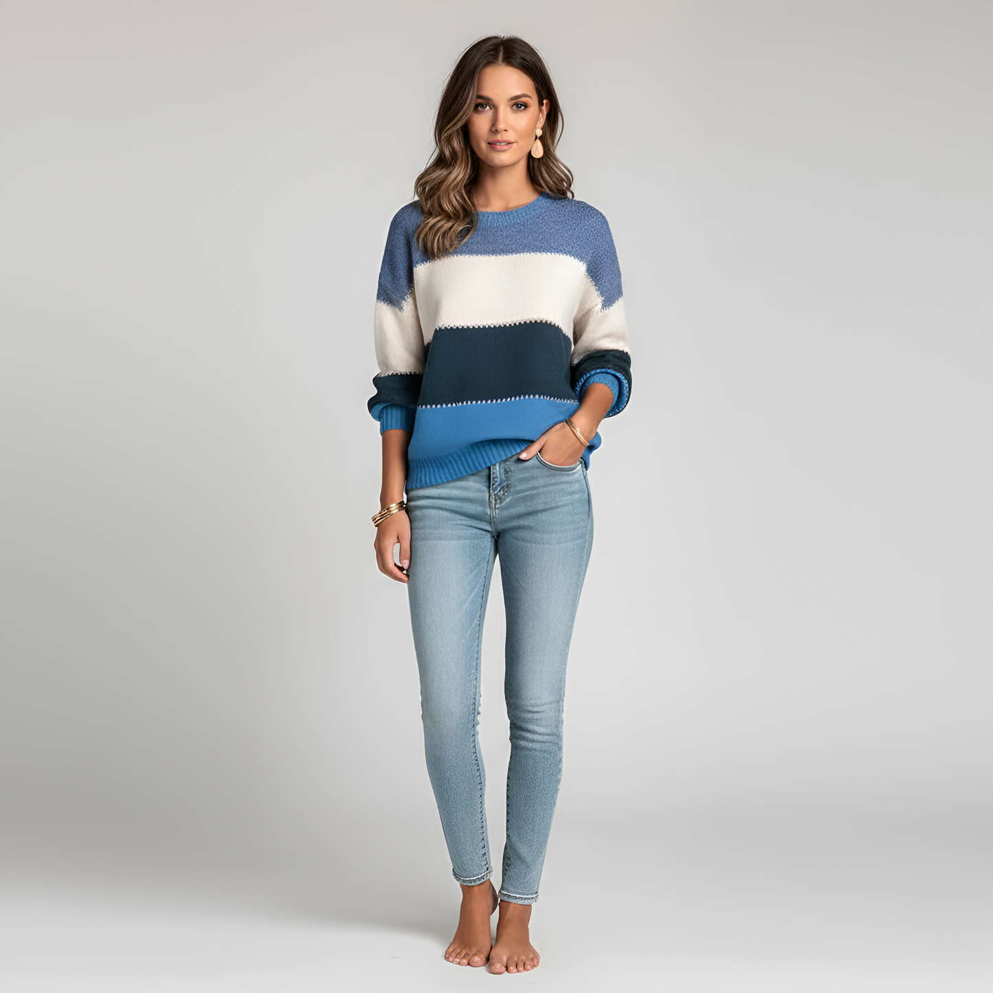 Women's Cotton Blend Sweater Pullover Long Sleeves Striped