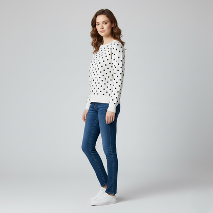 Women's Crew Neck Sweater Polka Dot White Black