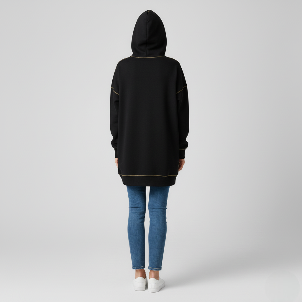 Women's Oversized Hoodie Black Cotton Contrast Stitching