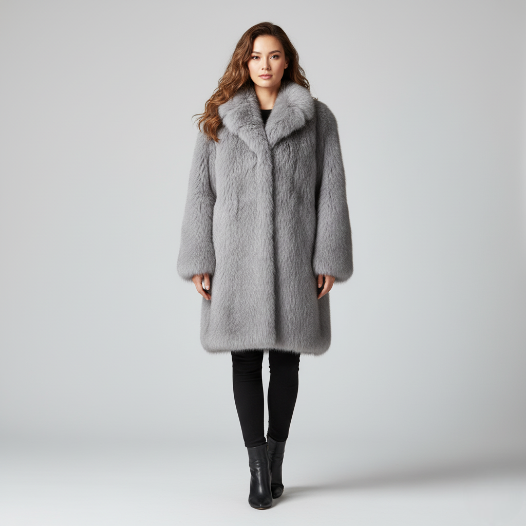 Women's Faux Fur Long Coat Gray Wide Lapel Collar - VibreMode