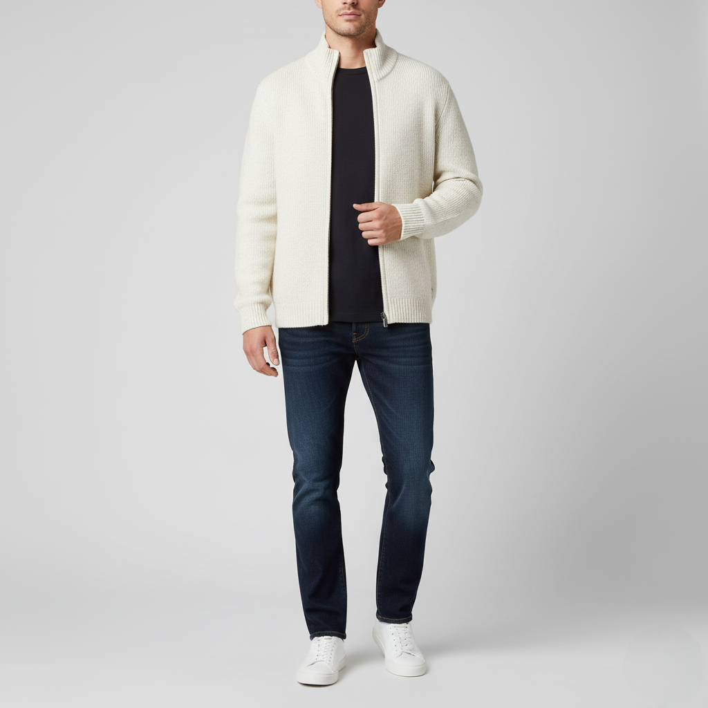 Men's Classic White Sweater Ribbed Full-Zip Cardigan - VibreMode