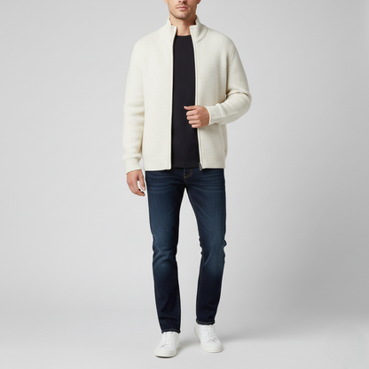 Men's Classic White Sweater Ribbed Full-Zip Cardigan - VibreMode