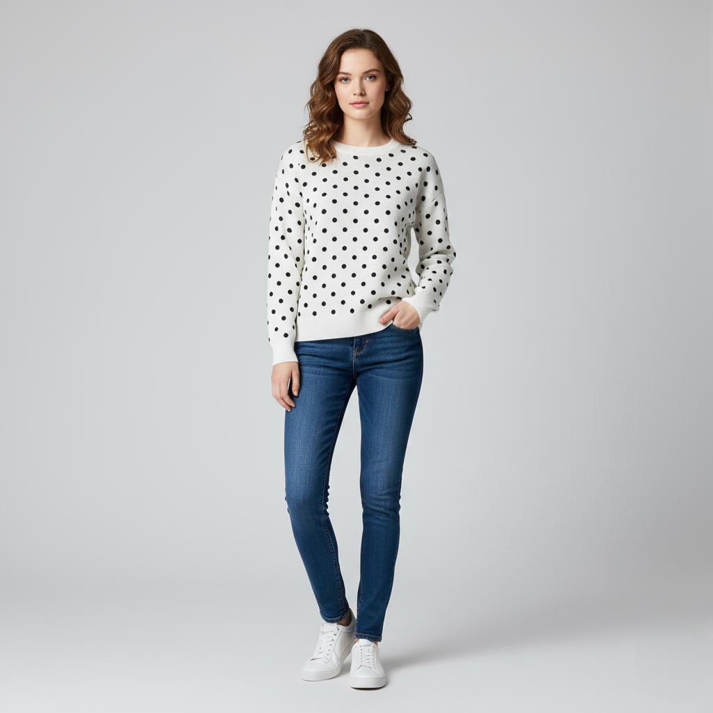 Women's Crew Neck Sweater Polka Dot White Black - VibreMode