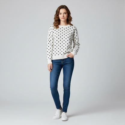 Women's Crew Neck Sweater Polka Dot White Black - VibreMode