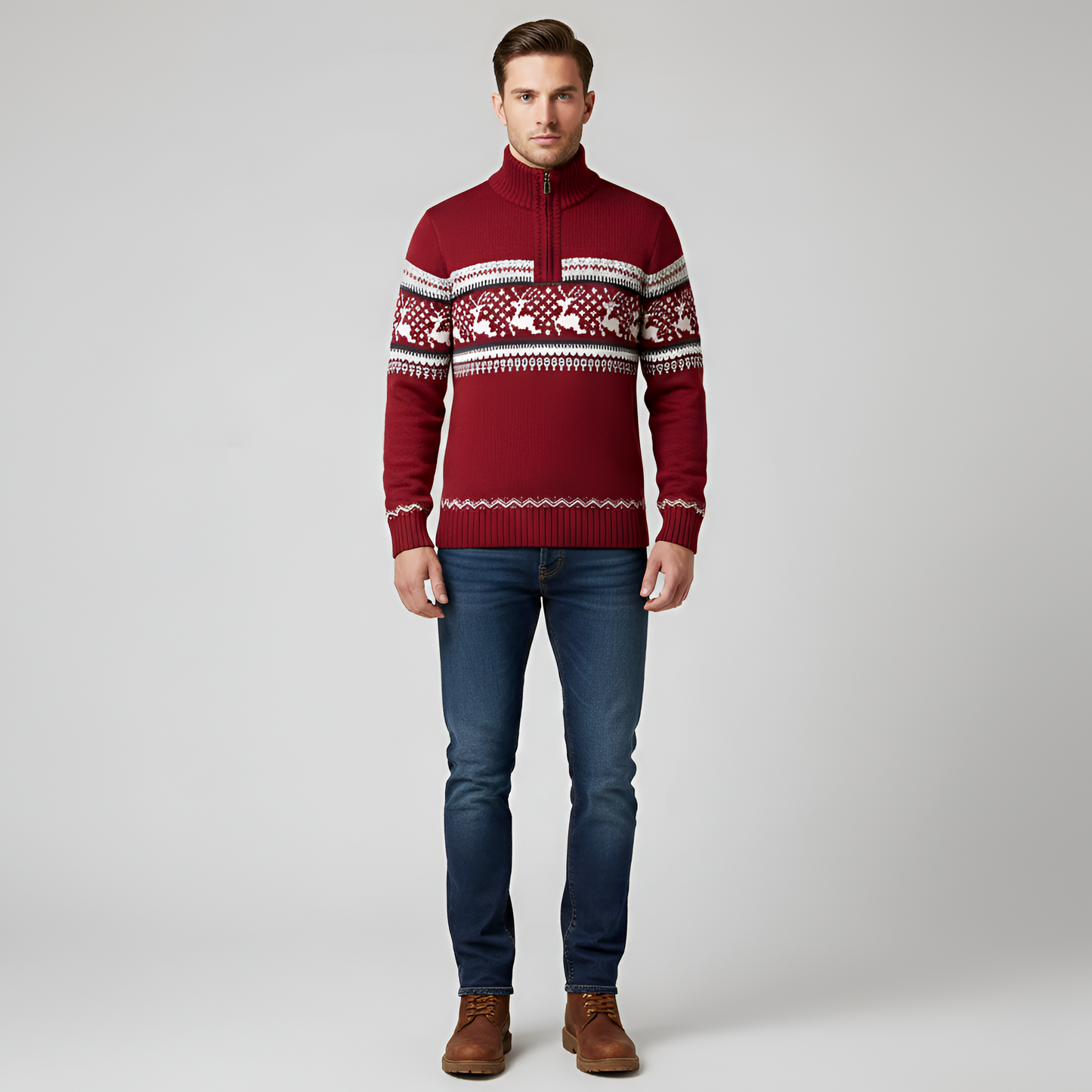 Men's Wool Blend Half Zip Sweater Fair Isle Pattern