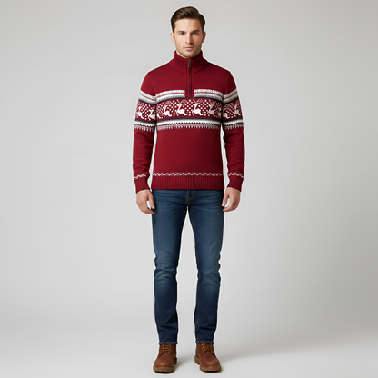 Men's Wool Blend Half Zip Sweater Fair Isle Pattern