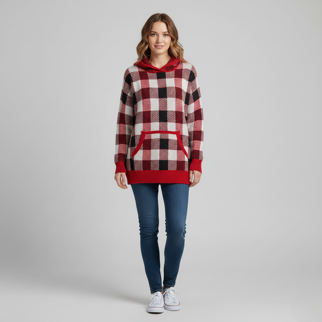 Women's Plaid Knit Hoodie Sweater Red Black - VibreMode