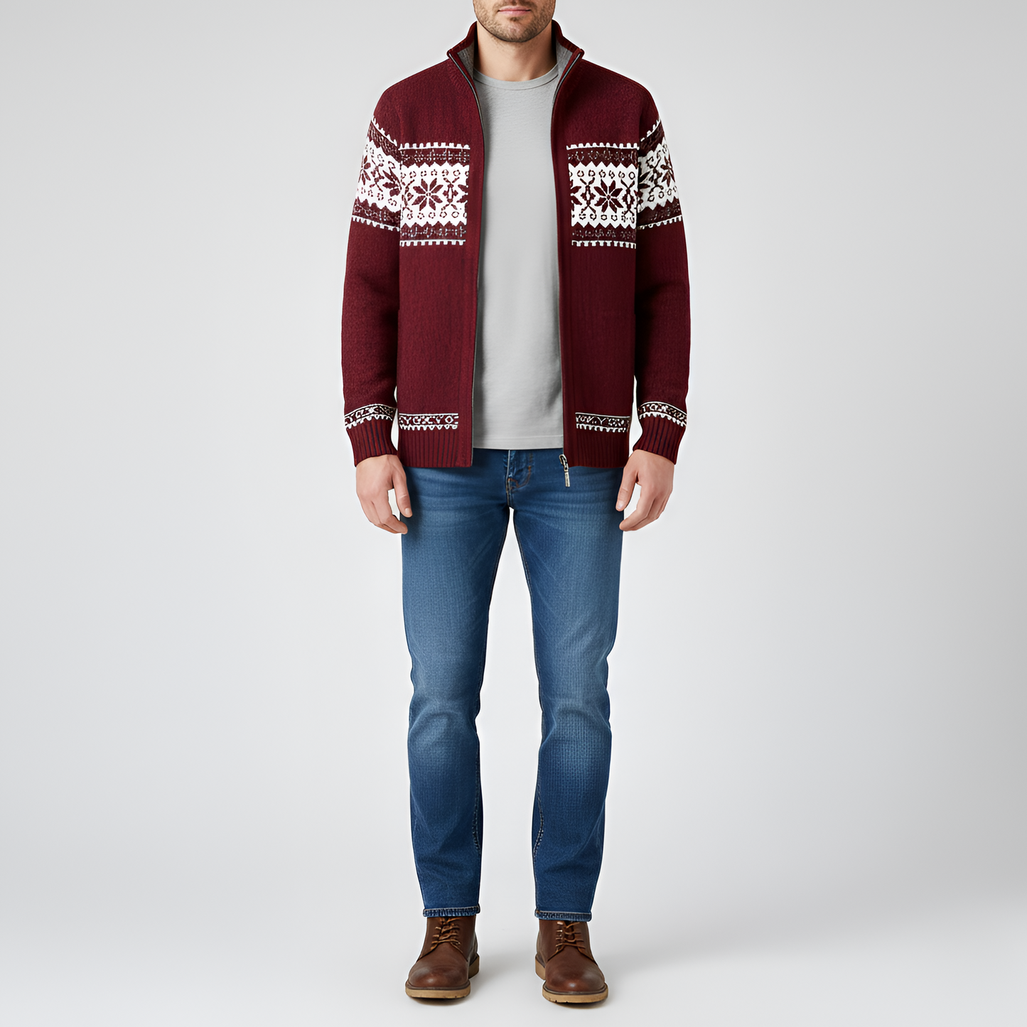 Men's Wool Cardigan Nordic Pattern Zip Front - VibreMode