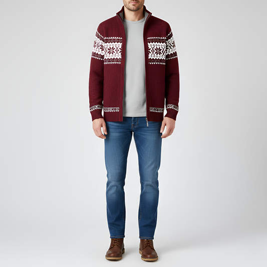 Men's Wool Cardigan Nordic Pattern Zip Front - VibreMode