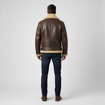 Men's Leather Aviator Jacket Shearling Faux Fur Collar