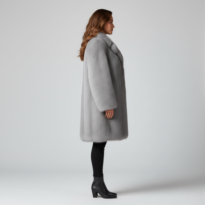 Women's Faux Fur Long Coat Gray Wide Lapel Collar
