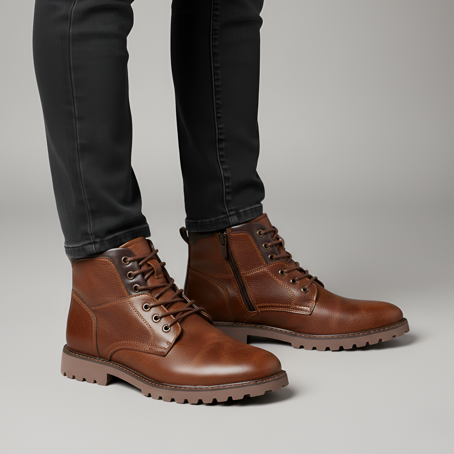 Men's Leather Ankle Boots Rugged Sole Brown