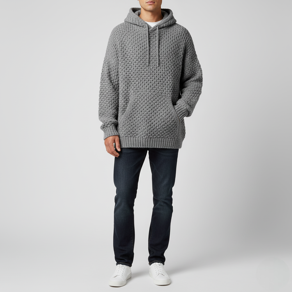 Men's Gray Textured Knit Hoodie Pullover - VibreMode