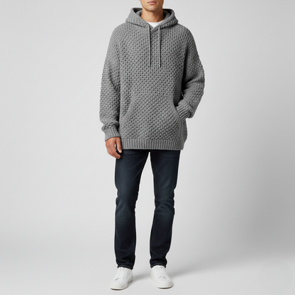 Men's Gray Textured Knit Hoodie Pullover - VibreMode