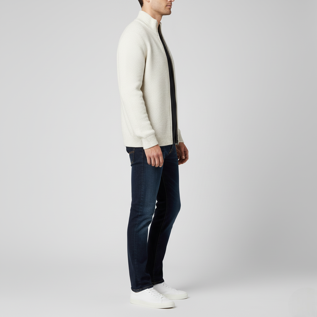 Men's Classic White Sweater Ribbed Full-Zip Cardigan