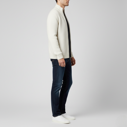 Men's Classic White Sweater Ribbed Full-Zip Cardigan
