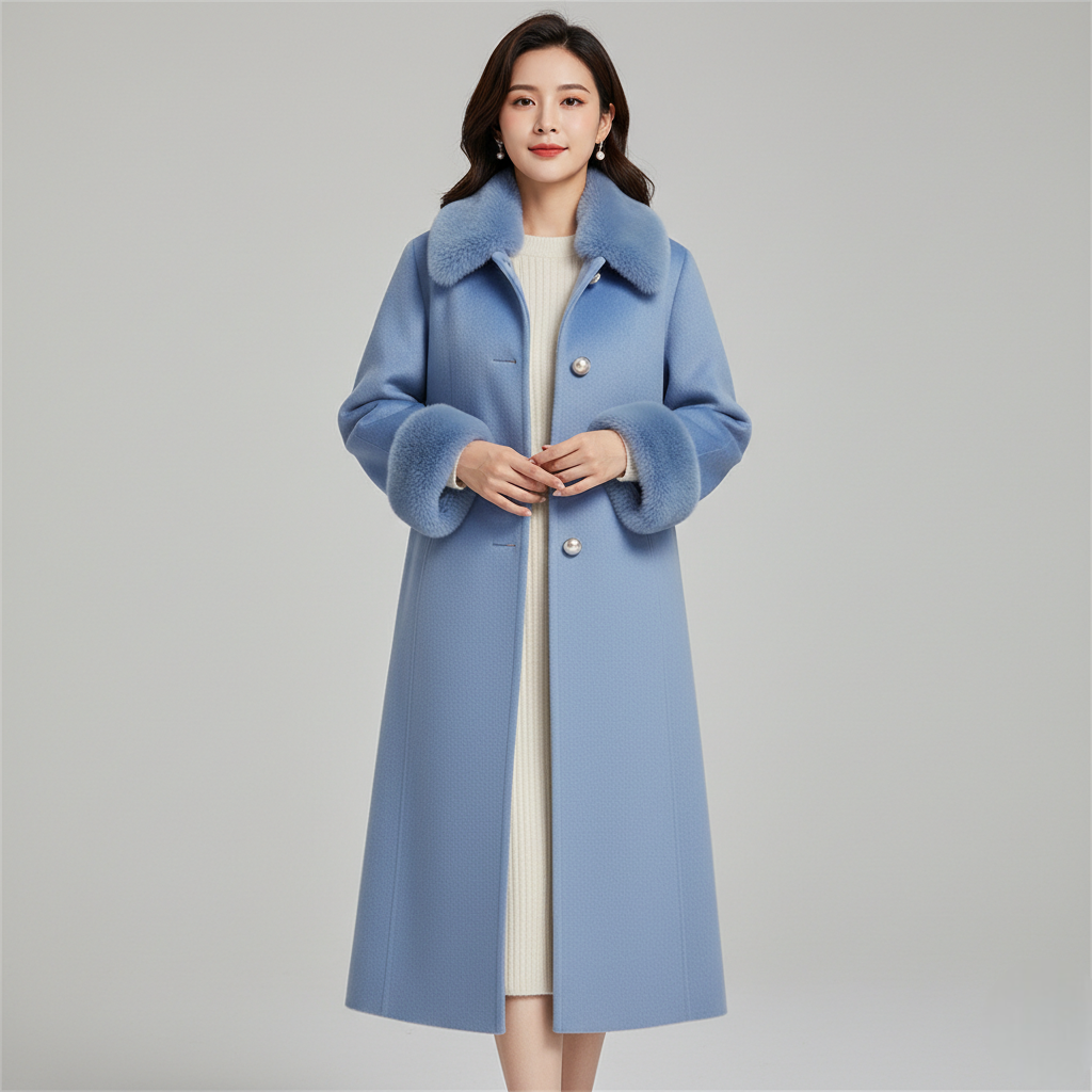 Women's Blue Long Wool Coat Faux Fur Collar - VibreMode